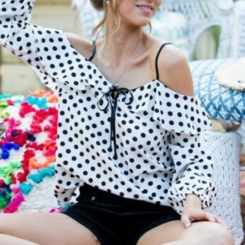 On The Spot Polka Dot Cold Shoulder Blouse Top - Picture 5 of 7